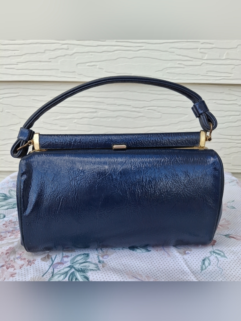 Vintage/Retro Navy Blue Patent Leather Convertible Clutch Handbag 1950's 10"×6"